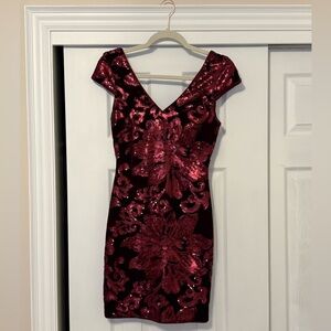 Guess Red Sequin and Velvet Floral Dress